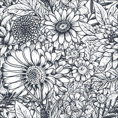 Seamless pattern with hand drawn flowers and plants