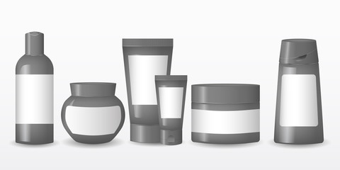 Collection of realistic cosmetic plastic bottles with a label on a white background.Cosmetic brand pattern. Design Beauty Products. Vector illustration.