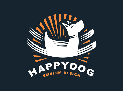 Happy dog logo - vector illustration, emblem on dark background
