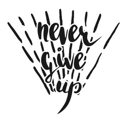 Vector handwritten brush script. Black letters isolated on white background. Never give up with burst