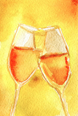 watercolor sketch of two champagne glasses in toasting