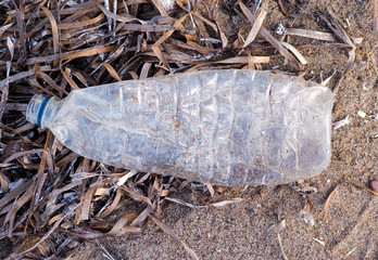 Empty crushed plastic bottle on sand