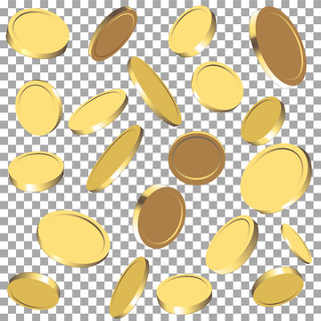 3d gold coins falling on transparent background. Vector illustration.