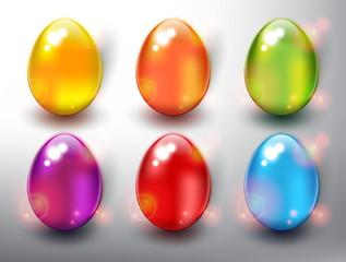 Set of 6 color Easter Eggs. Design elements for holiday cards. Easter collection. Colorful, glossy and isolated with realistic light and shadow on the light panel. Vector illustration. Eps10.