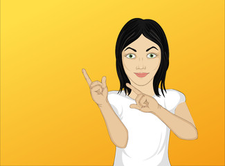 Happy woman showing a gesture with two hands at empty copy space white background. Shows in the direction forefingers. Wow. Vector illustration. Pop art style