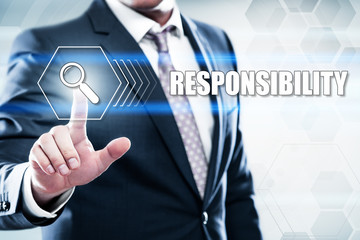 Business, technology, internet concept on hexagons and transparent honeycomb background. Businessman  pressing button on touch screen interface and select  responsibility
