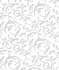 Vector baroque damask white elegant lace texture. Luxury floral light pattern element for wrapping paper, fabric, page fill, wallpaper, background. Paper cut white floral pattern with shadow - obrazy, fototapety, plakaty