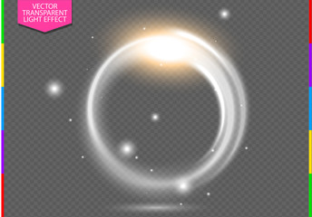 Circular lens flare transparent light effect. Abstract ellipse border. Luxury shining rotational glow line sparks. Power energy element. Glowing ring trace background. Round vector circle swirl trail