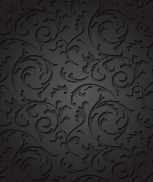 Vector baroque damask black elegant background. Luxury floral dark pattern element for wrapping paper, fabric, page fill, wallpaper. Paper cut black floral pattern with shadow and highlights