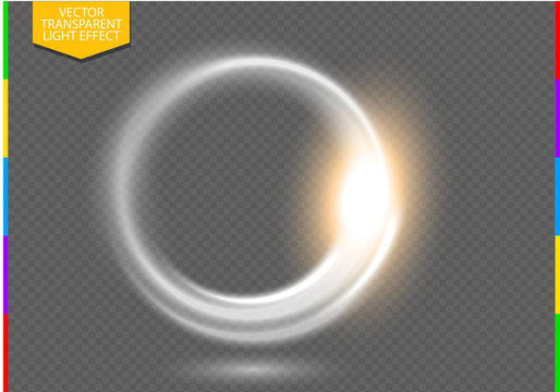 Circular lens flare transparent light effect. Abstract ellipse border. Luxury shining rotational glow line. Power energy element. Glowing ring trace background. Round shiny vector circle swirl trail