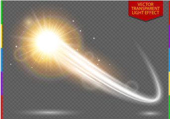 Abstract semitransparent vector magic glow star trail light effect with neon blur curved line shoots up. Sparkling translucent comet bokeh. Special golden christmas effect on transparent background © iaroslavka