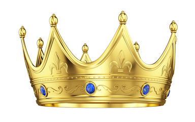 Royal gold crown with sapphires isolated on white. 3d rendering