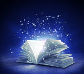 Naklejka premium Open Magic Book with magic light and flying letters. 3d rendering