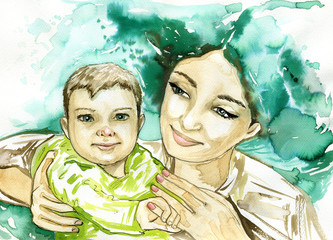 woman and children , watercolor picture