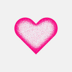 Magenta abstract heart sign badge, Valentines day blank button template with grain, noise, dotwork, halftone, grunge texture for logo, banners, labels, web, prints. 14th february. Vector illustration.
