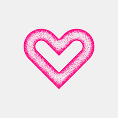 Magenta abstract heart sign badge, Valentines day blank button template with grain, noise, dotwork, halftone, grunge texture for logo, banners, labels, web, prints. 14th february. Vector illustration.