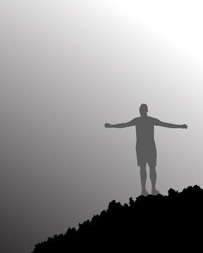 person with open arms with grey sky 