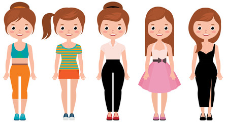 Fototapeta premium Young woman fashionably dressed in different trendy styles