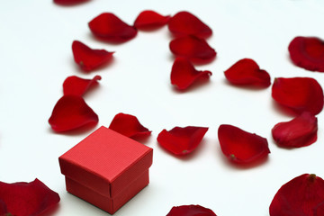 Red gift in the petals of red roses on a white background