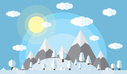 vector illustration of the high mountains and hills, the forest covered in snow, clear winter day, the sun in the clear sky with fluffy clouds