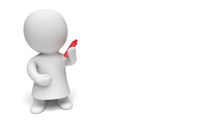 left-handed white 3d character wearing a gown writing with a big red pen (isolated on a white background)