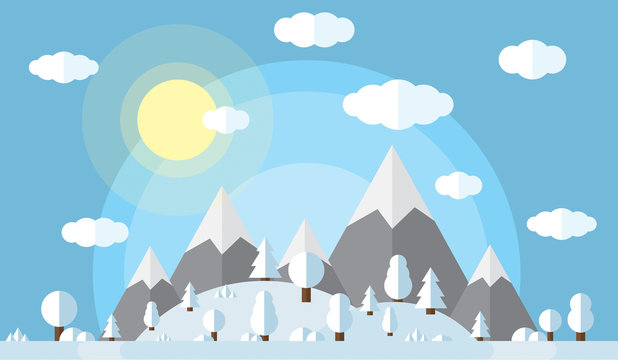 vector illustration of the high mountains and hills, the forest covered in snow, clear winter day, the sun in the clear sky with fluffy clouds