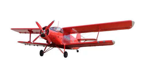 Deurstickers Oud vliegtuig Rode vliegtuig tweedekker met zuigermotor