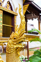 Buddhism dragon guard statue in sunlight, Thailand. Religion