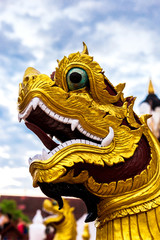Buddhism dragon guard statue in sunlight, Thailand. Religion
