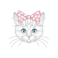 Cute cat portrait with pin up bow tie on head. Hand drawn kitty