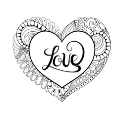 Floral doodle heart frame in zentangle style with calligraphy Lo