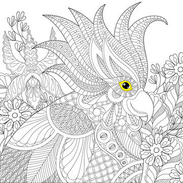 Exotic zentangle cockatoo parrot for adult anti stress coloring
