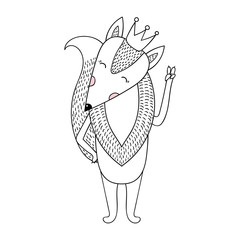 Funny hand drawn fox cartoon with crown. Children cute animal il