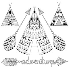 Hand drawn American native wigwam set with ethnic ornamental ele © ipanki