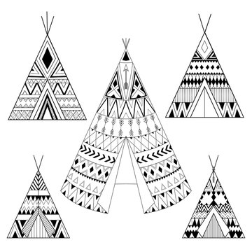 Hand drawn American native five wigwams set with ethnic ornament