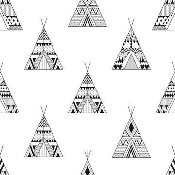 Hand drawn American native wigwams seamless pattern with ethnic