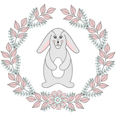 Happy Easter greeting card template. Funny bunny, rabbit with eg