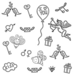Line art doodle love symbols for St Valentine Day, vector hand d