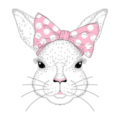 Vector cute bunny portrait. Hand drawn rabbit girl face with pin