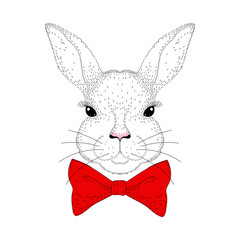 Vector cute bunny portrait. Hand drawn rabbit head with red bow