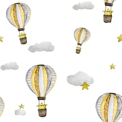Gordijnen Aquarel naadloze patroon luchtballon met ster en wolken. © Khaneeros
