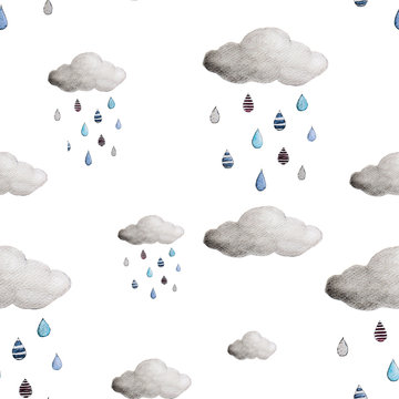 Watercolor Clouds And Rain Drops Seamless Pattern. Hand Drawn Wallpaper Modern Design. 