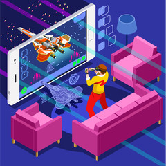 Arcade video game screen and gamer person gaming online with console controller android phone or computer. 3D Isometric People icon set. Creative design vector illustration collection © Aurielaki