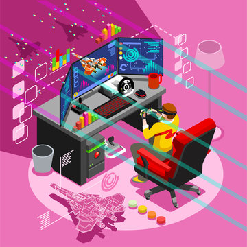 Video game screen and gamer person gaming online with console controller android phone or computer. 3D Isometric People icon set. Creative design vector illustration collection