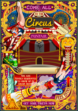 Circus carnival background tent marquee amusement family theme park poster acrobat artist show birthday invite set. Creative design vector illustration collection