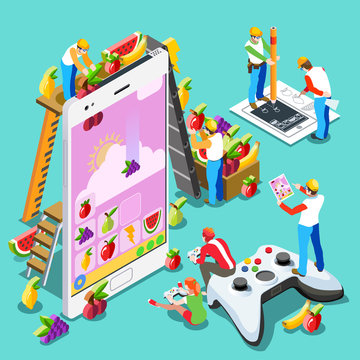 Video game UX development. Web gamer person gaming online with console controller android phone or computer. 3D Isometric People icon set. Creative design vector illustration collection