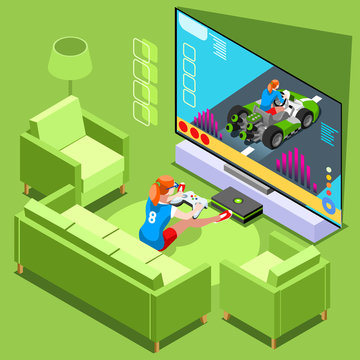 Video game screen and gamer person playing online with console controller android phone or computer. 3D Isometric People icon set. Creative design vector illustration collection