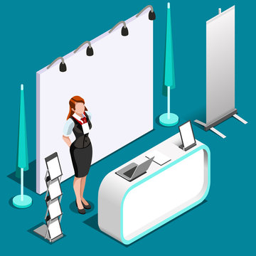 Exhibition booth stand desk woman roll up display panel. 3D Isometric People icon set. Creative design vector illustration collection