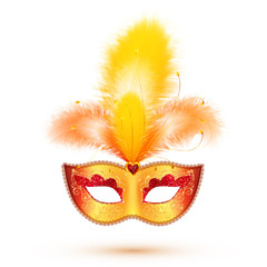 Golden vector carnival mask with yellow and orange feathers, Mardi Gras illustration