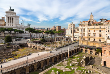 Fototapeta premium Rome, Italy. Ruins Market and Trajan Forum, (100 - 112 years AD), the Vittoriano monument on Capitoline Hill